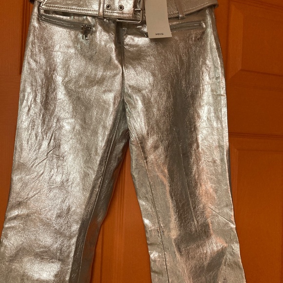 NWT Mango Belted Metallic Silver Pants/Jeans Sz 2 - Picture 4 of 4